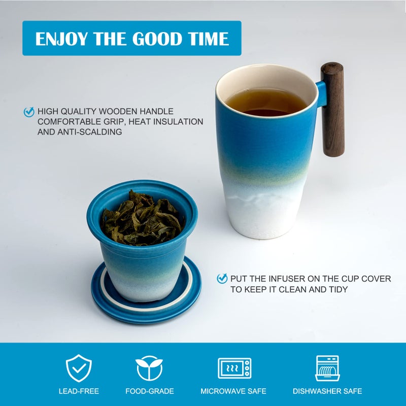 suyika Tomotime Ceramic Tea Cup with Infuser and Lid Tea Mugs Wooden Handle 400ml/13.5oz (Cyan blue) - Image 3